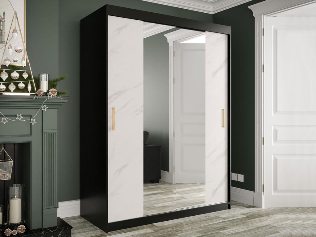 Armoire Ventoriq 254 Noir mat - Marbre blanc 200x150x62cm Portes d'armoire Glissement OWJH34343