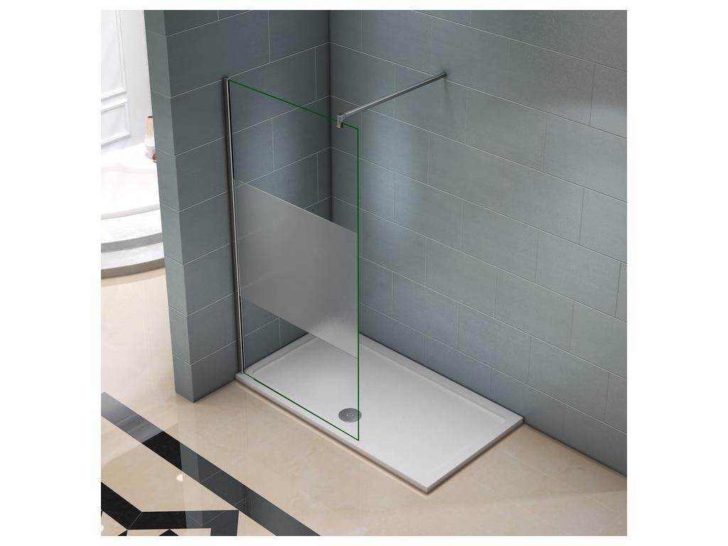Paroi de douche à l'italienne 100x200cm avec barre de fixation 140cm en carré en 8mm verre bande centrale dépolie WXWZ51146