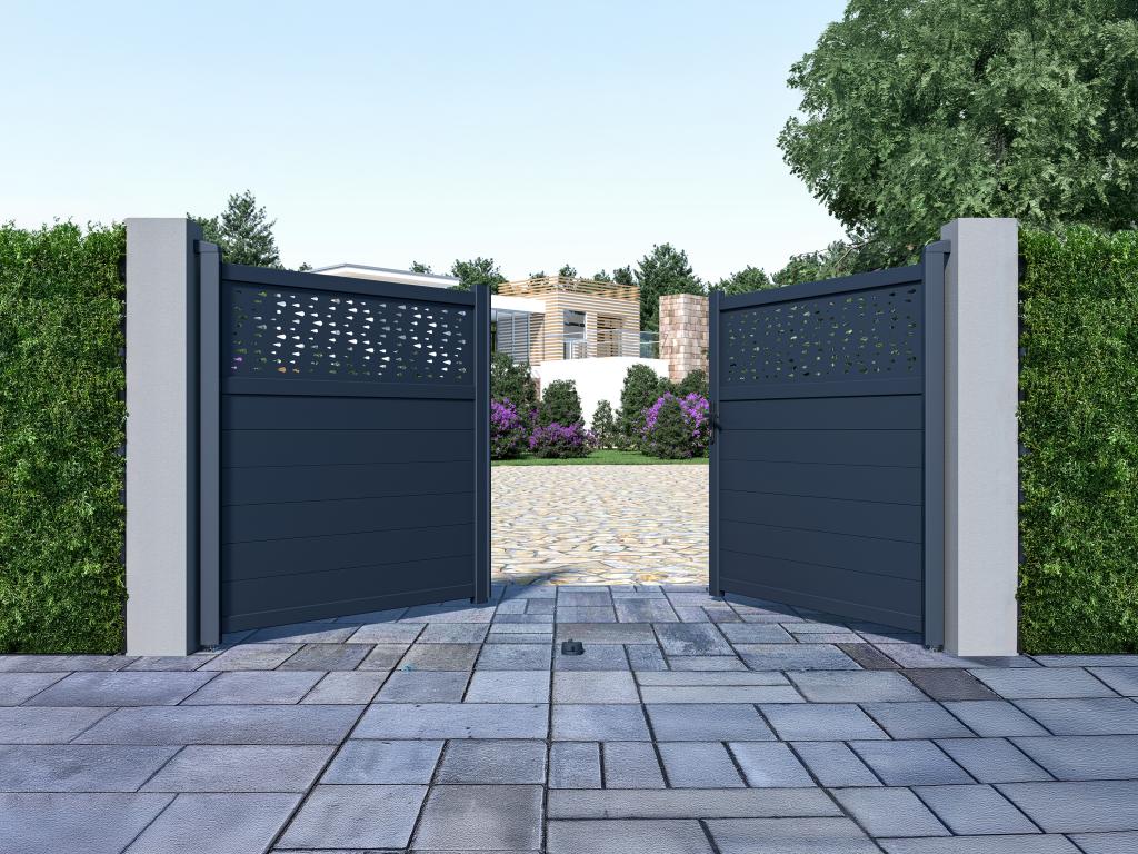 Portail battant aluminium semi plein à motifs L305 x H166 cm anthracite - Ventoriq MUKB42298