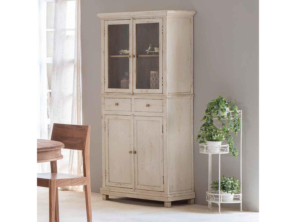 Vitrine en bois et verre finition artisanale avec 4 portes et 2 tiroirs blancs 85x40x180 NAID23382