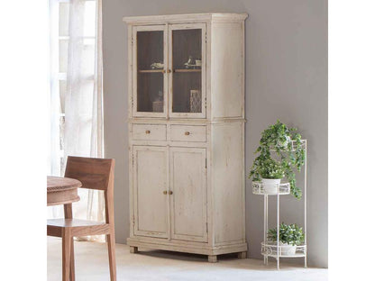 Vitrine en bois et verre finition artisanale avec 4 portes et 2 tiroirs blancs 85x40x180 NAID23382