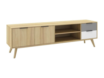 Ventoriq - Meuble TV 180cm 2 Portes 2 Tiroirs Scandinave Pin Massif Gris Blanc et Effet Chêne LPAD02038