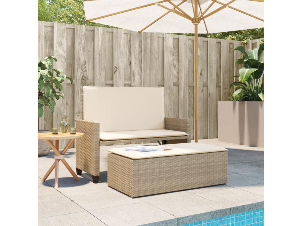 Banc de jardin et coussins et repose-pied beige résine tressée LSEB34626
