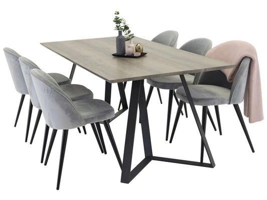 Lumenao ensemble table table El bois décor gris et 6 Velvet chaises Velours grisclair. NAII58841