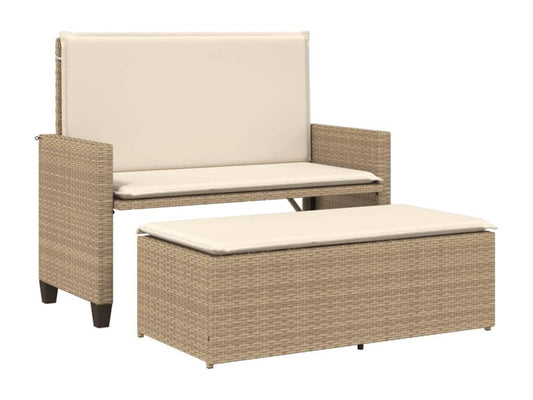Banc de jardin et coussins et repose-pied beige résine tressée LSEB34626