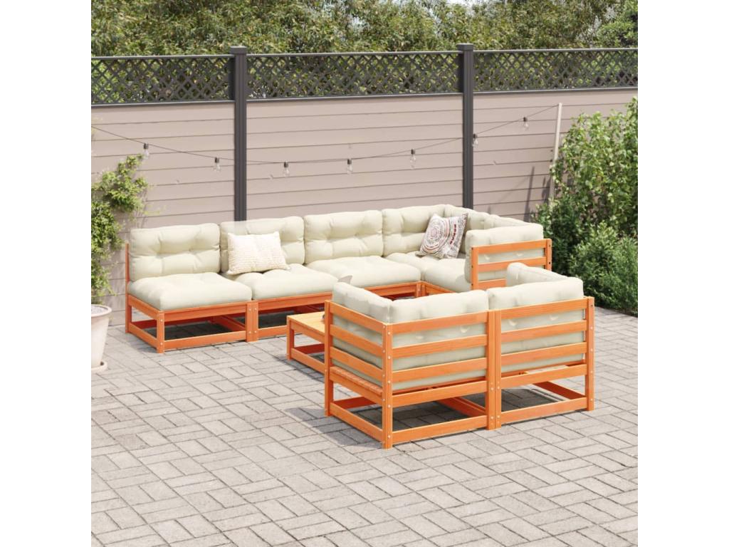 Salon de jardin 8 pièces avec coussins marron cire bois pin massif XCYY65793