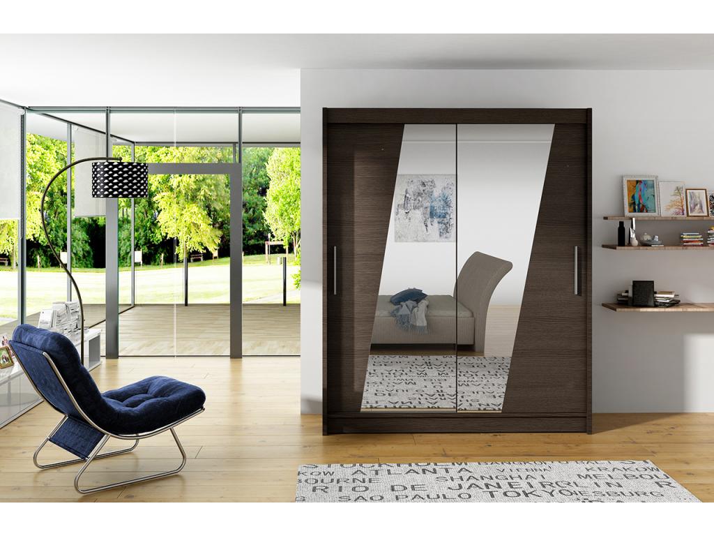 Armoire de chambre 2 portes coulissantes bois marron et miroirs en diagonale Lumenao 150cm MNIY64777
