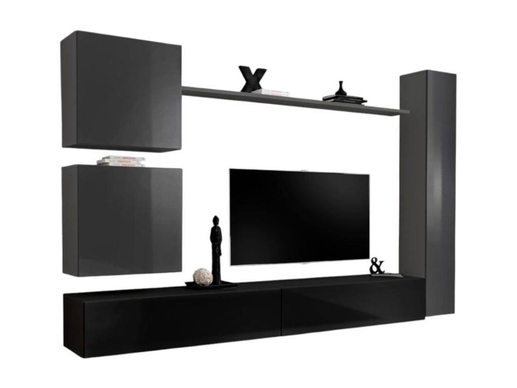 Ensemble de meuble pour salon mural SWITCH VIII- Meuble TV mural design coloris noir et gris brillant. AVGX47976