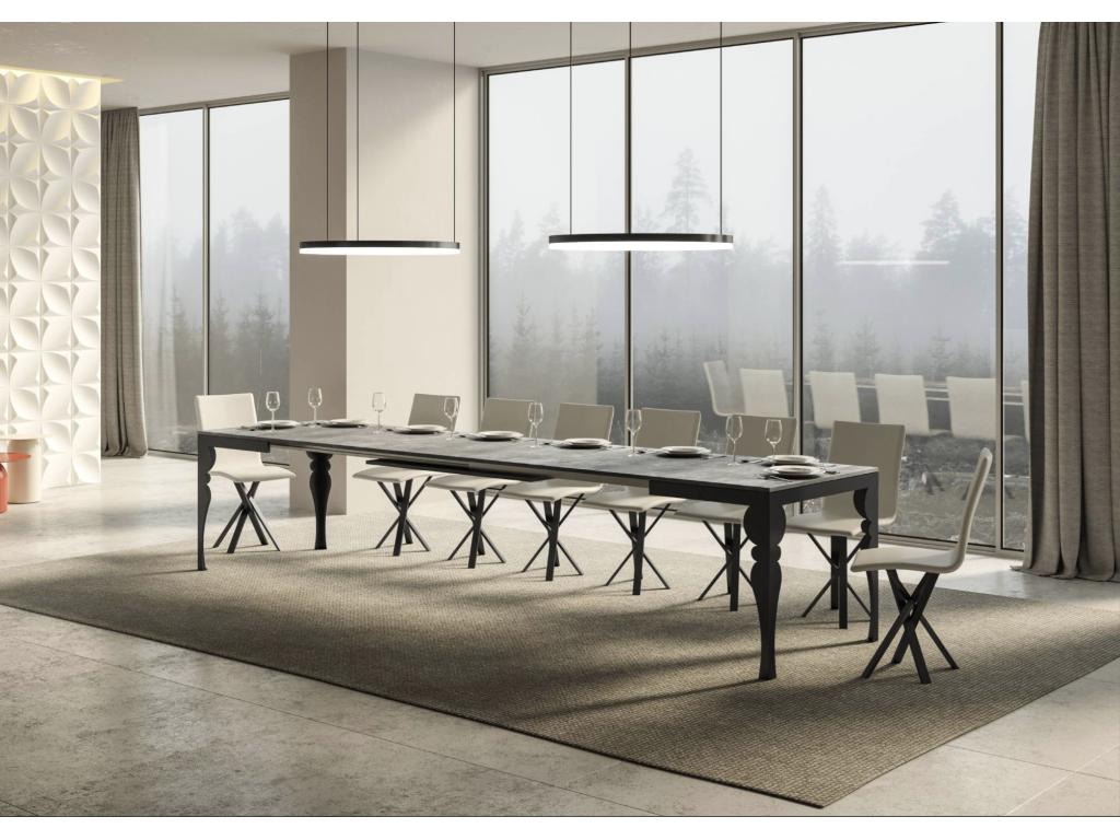 Table extensible avec pieds acier anthracite style orientale Ventoriq evolution-Couleur Gris ciment-Support 4 pieds-Largeur extensible 180 à 440cm PJDF78217