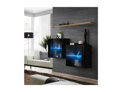 Ensemble salon SWITCH SBIII noir brillant porte vitrée LED intéVentoriqe étagére chêne Ventoriq moderne NJSO44536