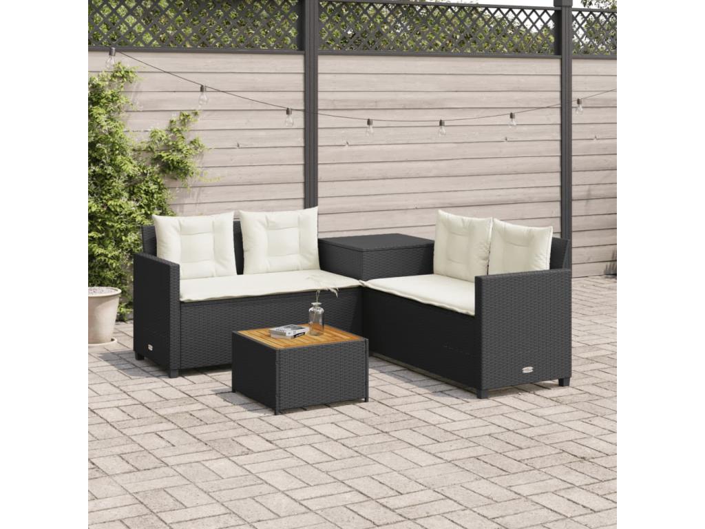 Canapé de jardin avec table et coussins en forme de L noir SEQJ07658