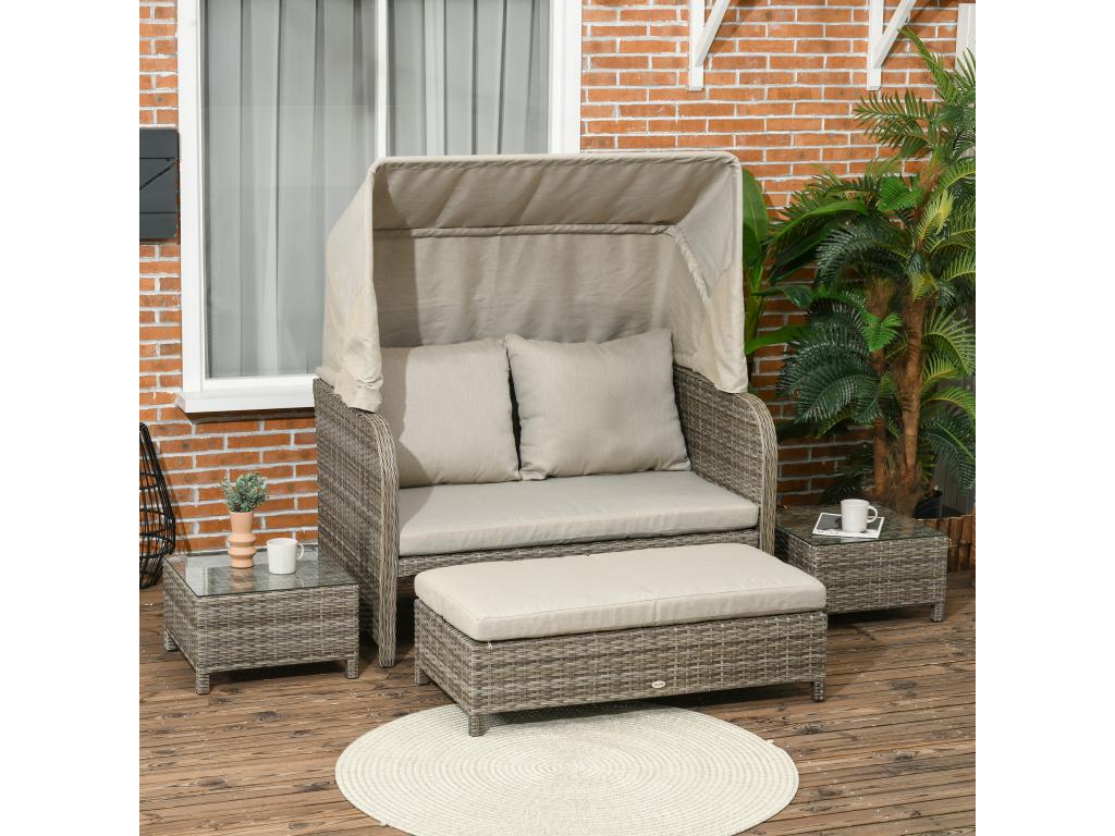 Ensemble salon de jardin 2 places 4 pcs - canapé repose-pieds 2 tables basses - coussins inclus - résine grise polyester kaki GCLC02577