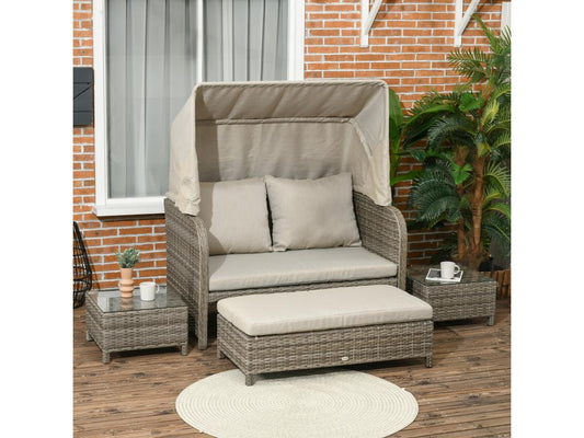 Ensemble salon de jardin 2 places 4 pcs - canapé repose-pieds 2 tables basses - coussins inclus - résine grise polyester kaki GCLC02577