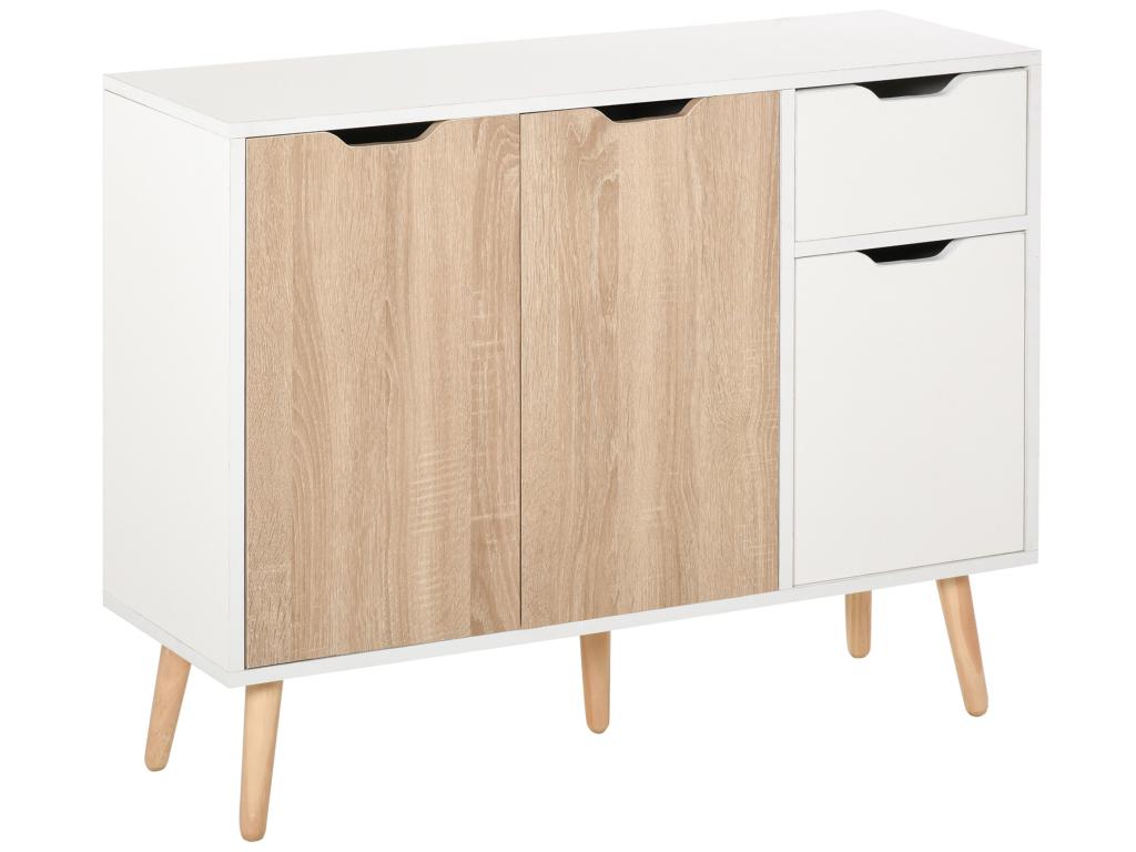 Buffet design scandinave 2 placards tiroir coulissant pieds bois massif pin panneaux particules blanc chêne clair QQRH06263