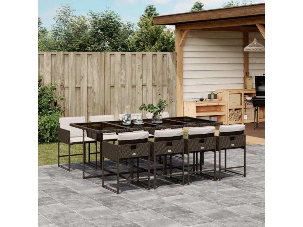 Ensemble à manger de jardin et coussins 9 pièces marron poly rotin SYKO31458